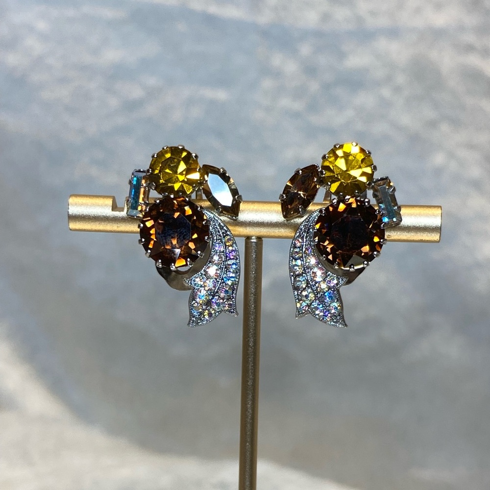 Vintage Austria Root Beer & Citrine Colored Glass stones w Aurora Borealis Trim